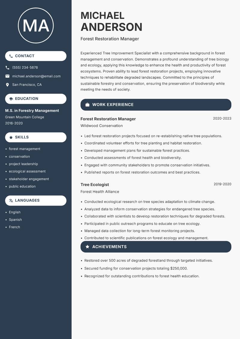 Tree Improvement Specialist resume sample — Forest Restoration Manager focus