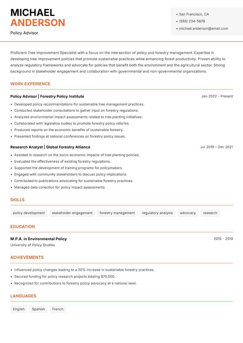 Tree Improvement Specialist resume sample — Policy Advisor focus