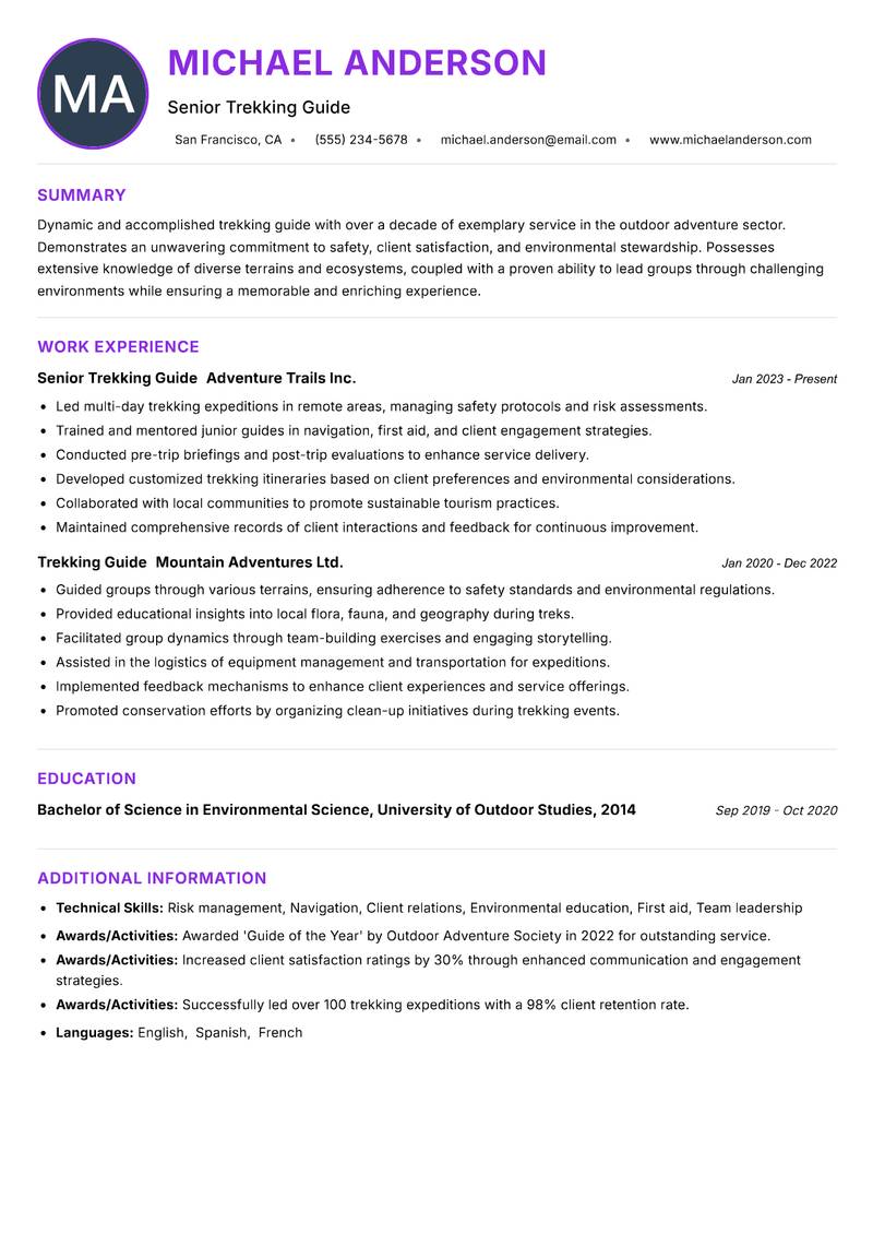 Trekking Guide resume example