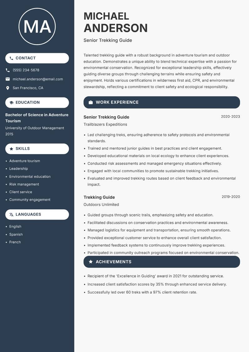 Trekking Guide resume sample — Senior Trekking Guide focus