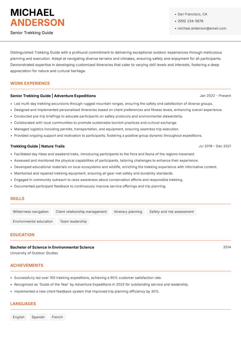 Trekking Guide resume sample — Senior Trekking Guide focus