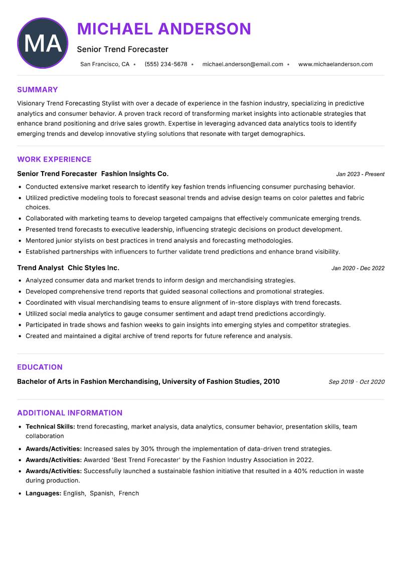 Trend Forecasting Stylist resume example