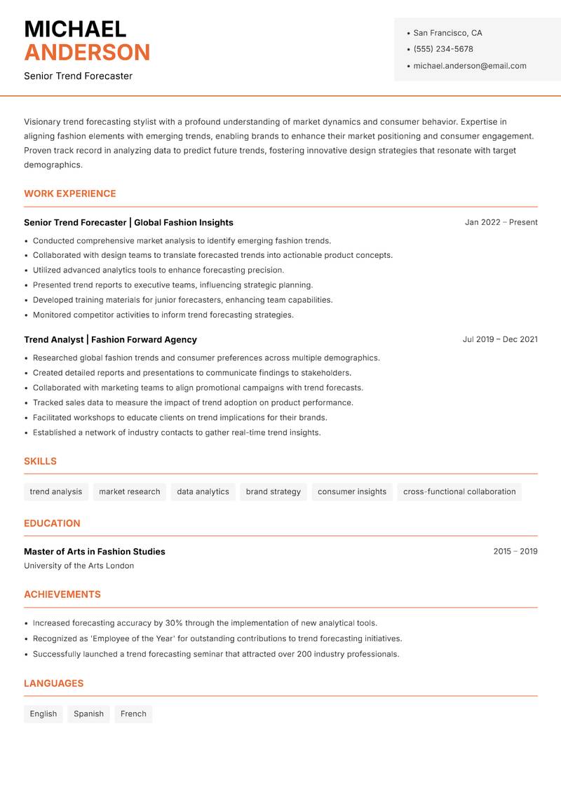 Trend Forecasting Stylist resume sample — Senior Trend Forecaster focus