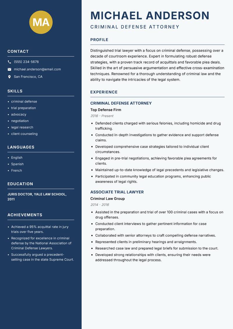 Trial Lawyer resume sample — Criminal Defense Attorney focus