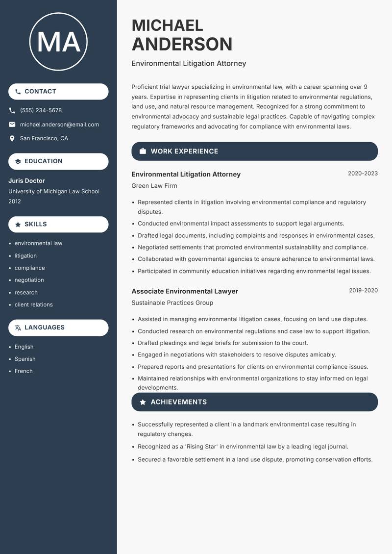 Trial Lawyer resume sample — Environmental Litigation Attorney focus