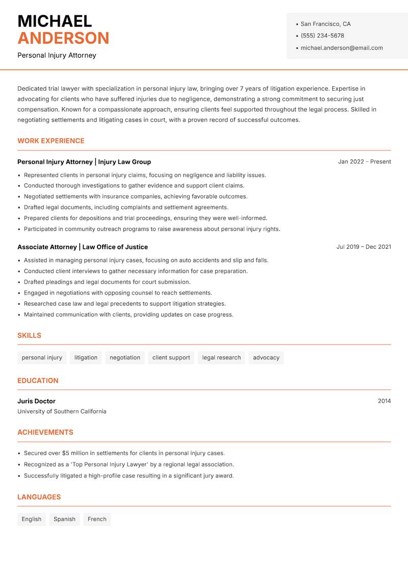 Trial Lawyer resume sample — Personal Injury Attorney focus