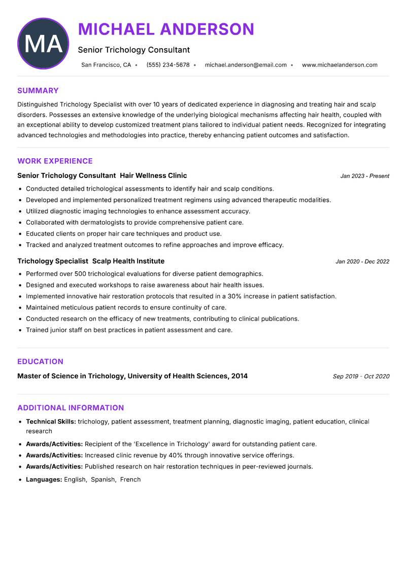 Trichology Specialist resume example