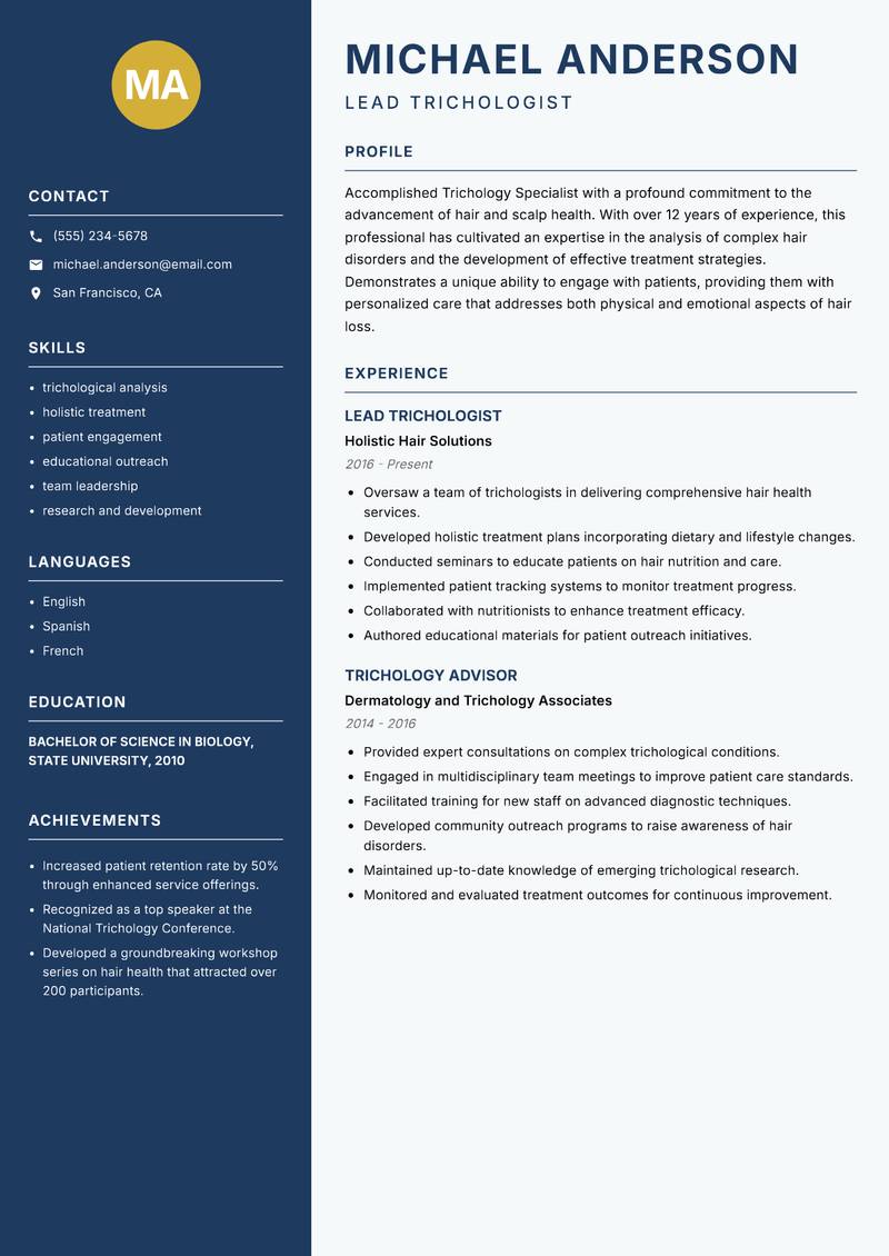 Trichology Specialist resume sample — Lead Trichologist focus