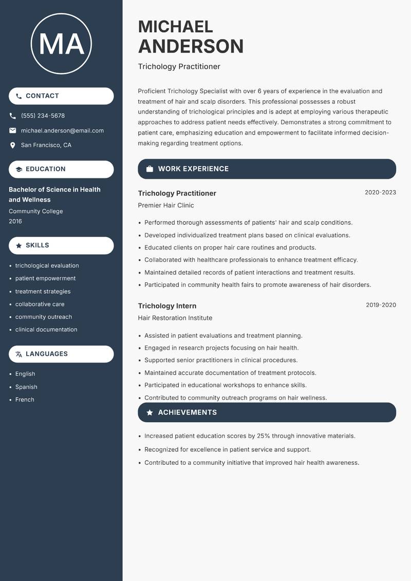 Trichology Specialist resume sample — Trichology Practitioner focus