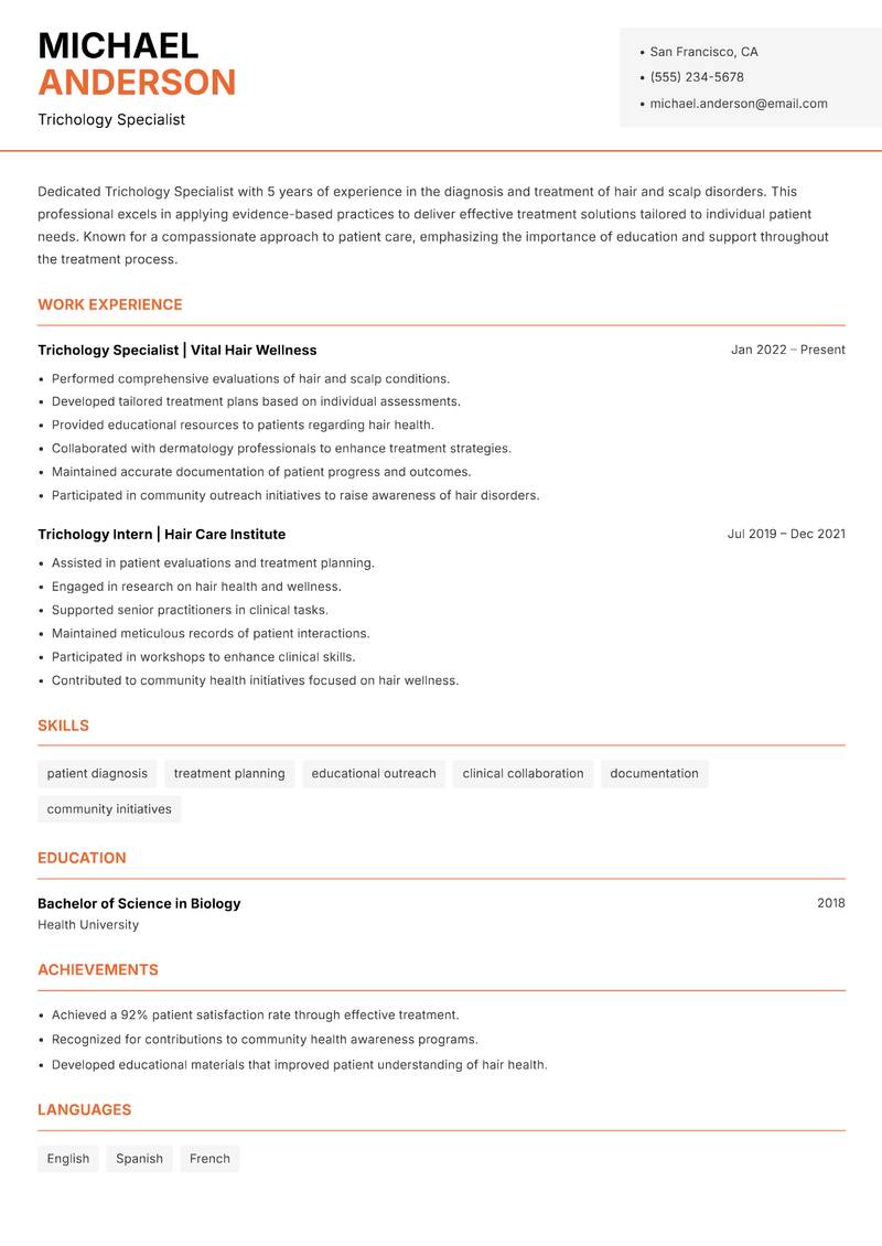 Trichology Specialist resume sample — Trichology Specialist focus