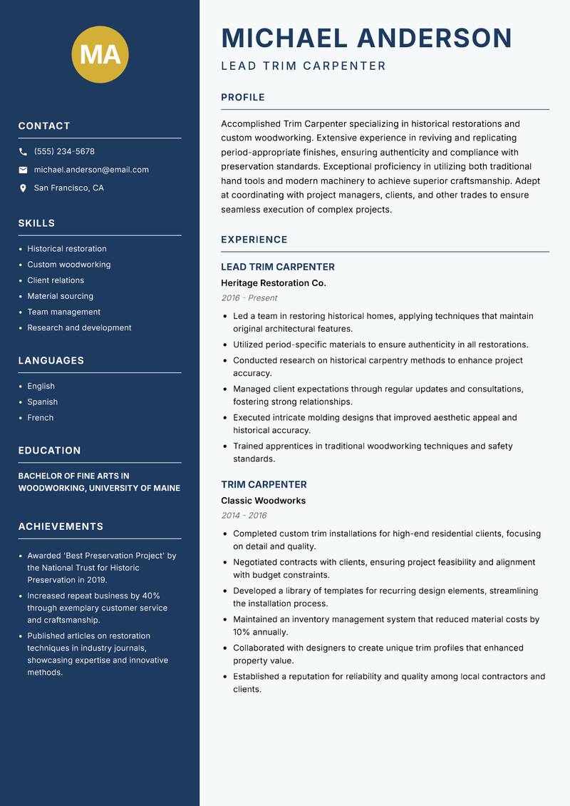 Trim Carpenter resume sample — Lead Trim Carpenter focus