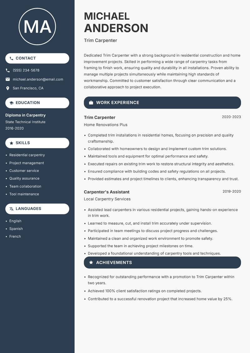 Trim Carpenter resume sample — Trim Carpenter focus