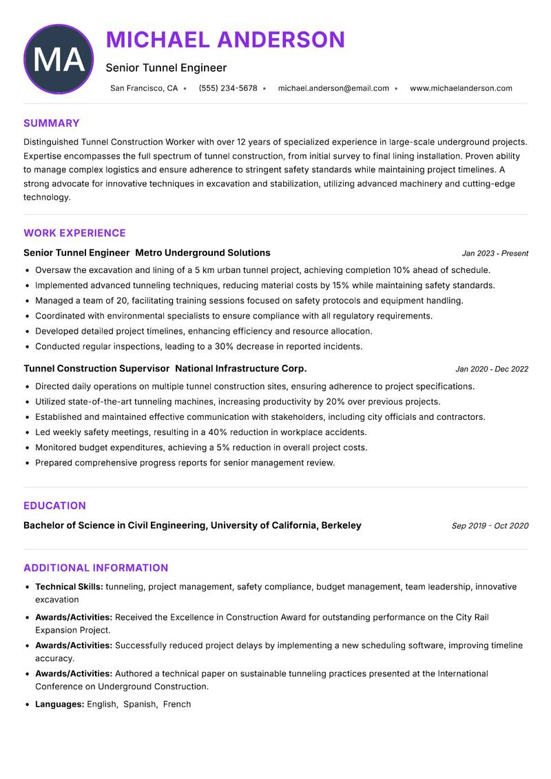 Tunnel Construction Worker resume example