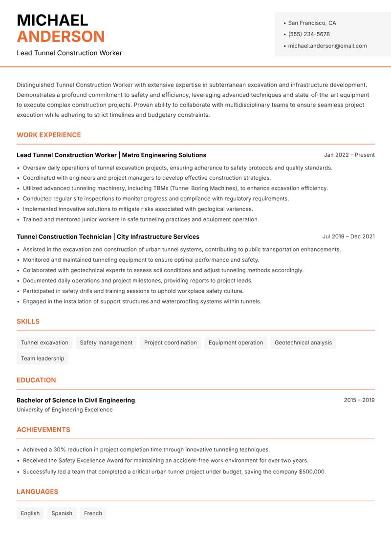 Tunnel Construction Worker resume sample — Lead Tunnel Construction Worker focus