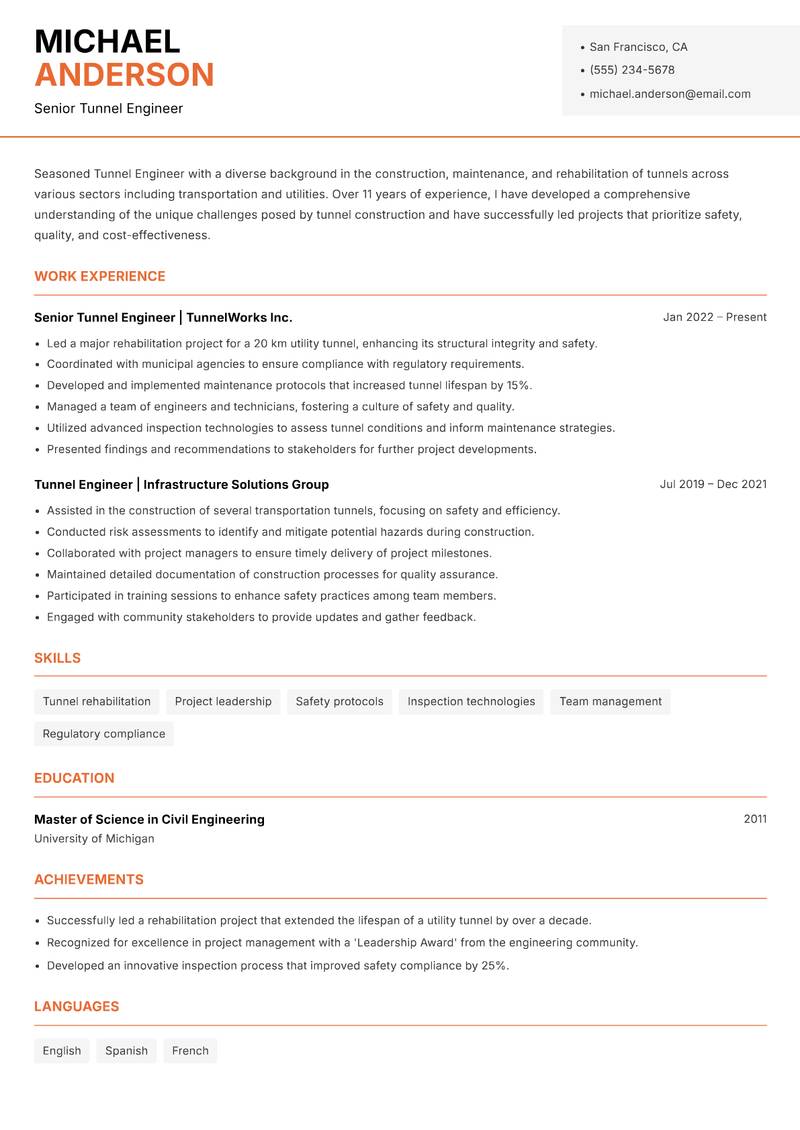 Tunnel Engineer resume sample — Senior Tunnel Engineer focus