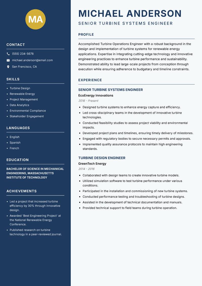 Turbine Operations Engineer resume sample — Senior Turbine Systems Engineer focus