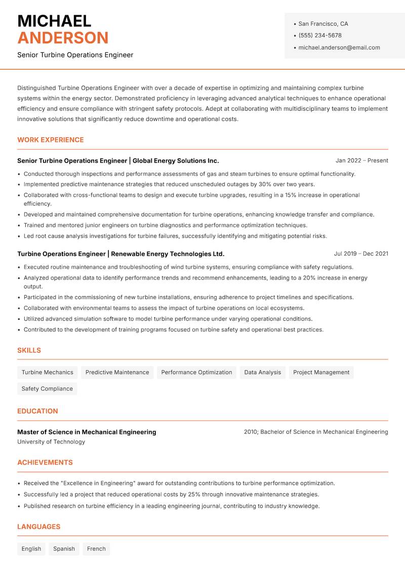 Turbine Operations Engineer resume sample — Senior Turbine Operations Engineer focus