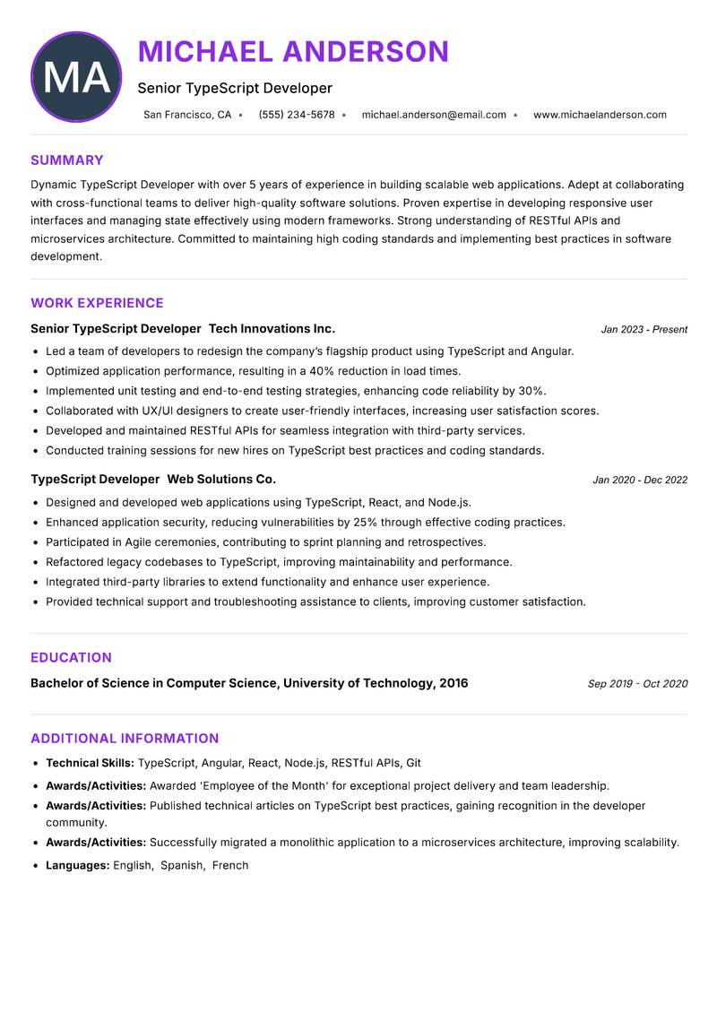 TypeScript Developer resume example