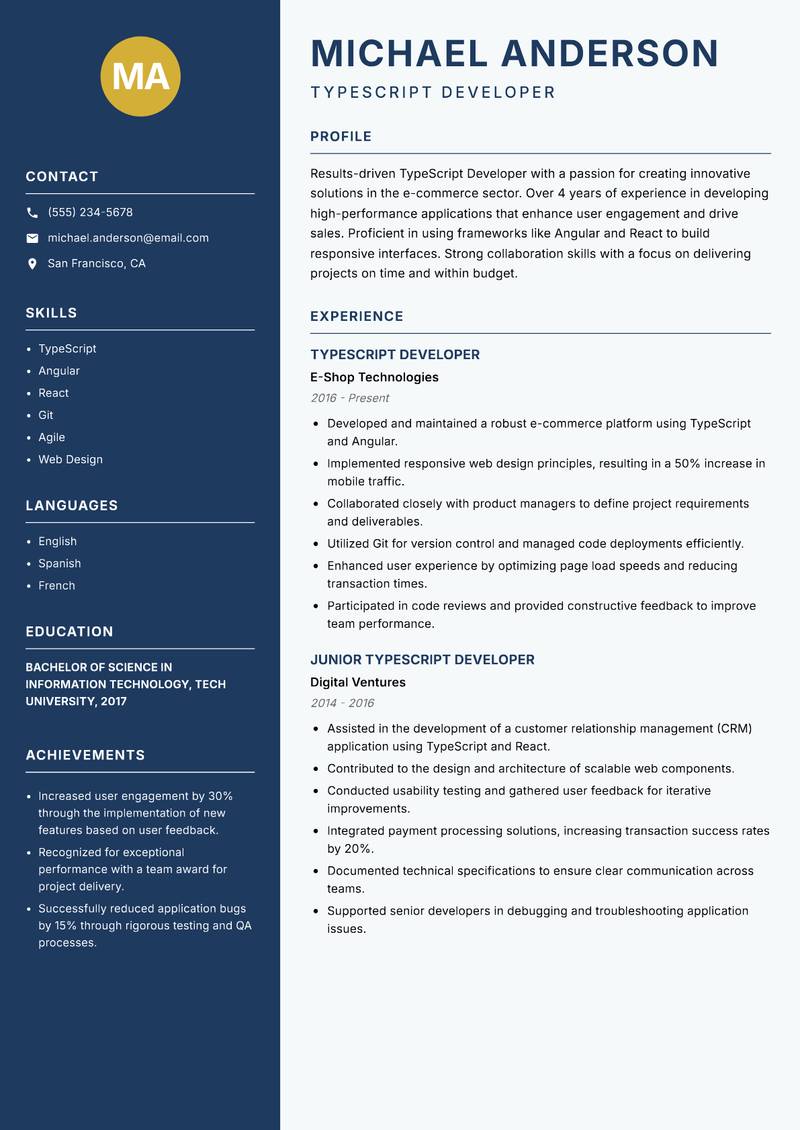 TypeScript Developer resume sample — TypeScript Developer focus