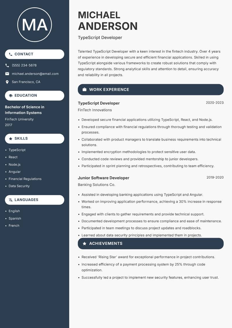 TypeScript Developer resume sample — TypeScript Developer focus