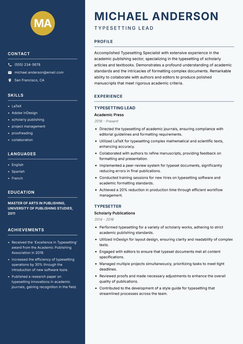 Typesetting Specialist resume sample — Typesetting Lead focus