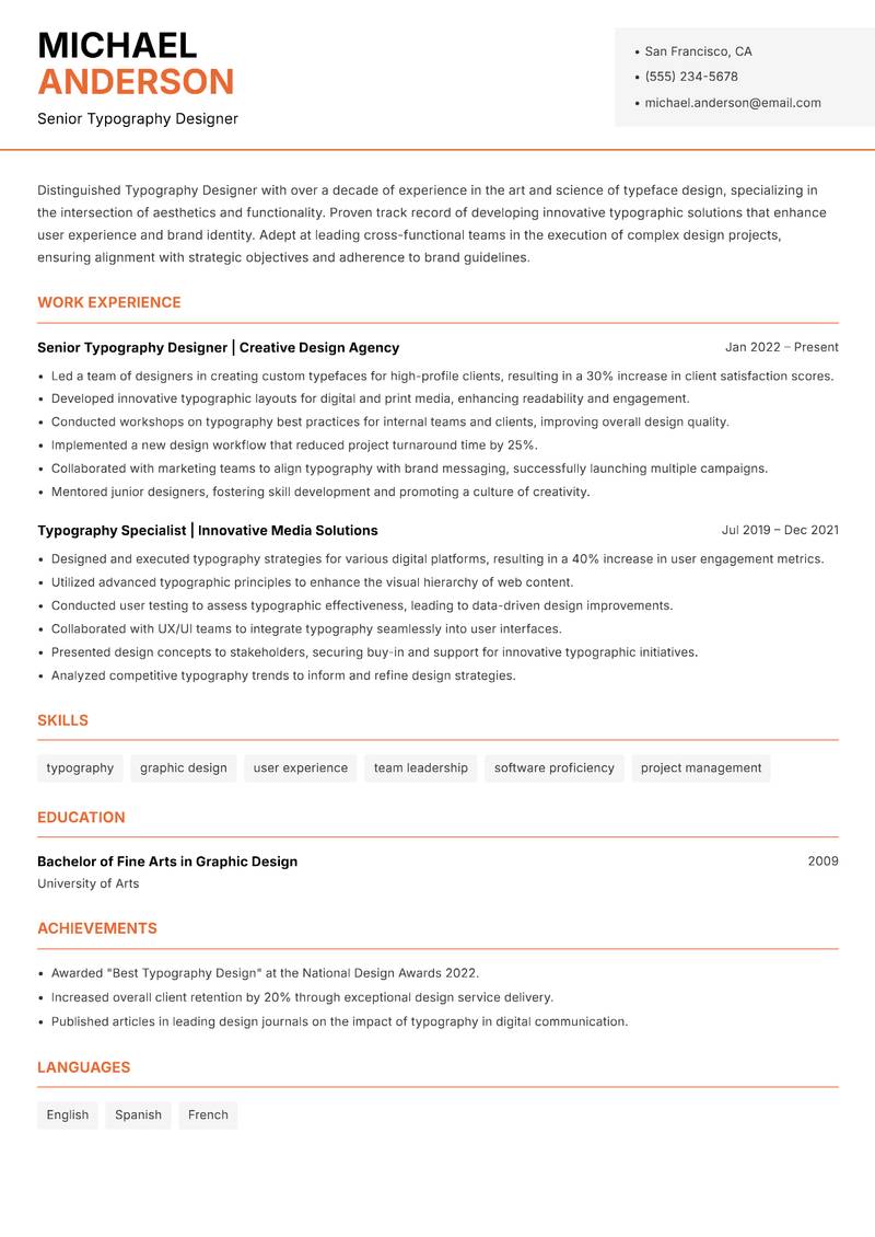 Typography Designer resume sample — Senior Typography Designer focus
