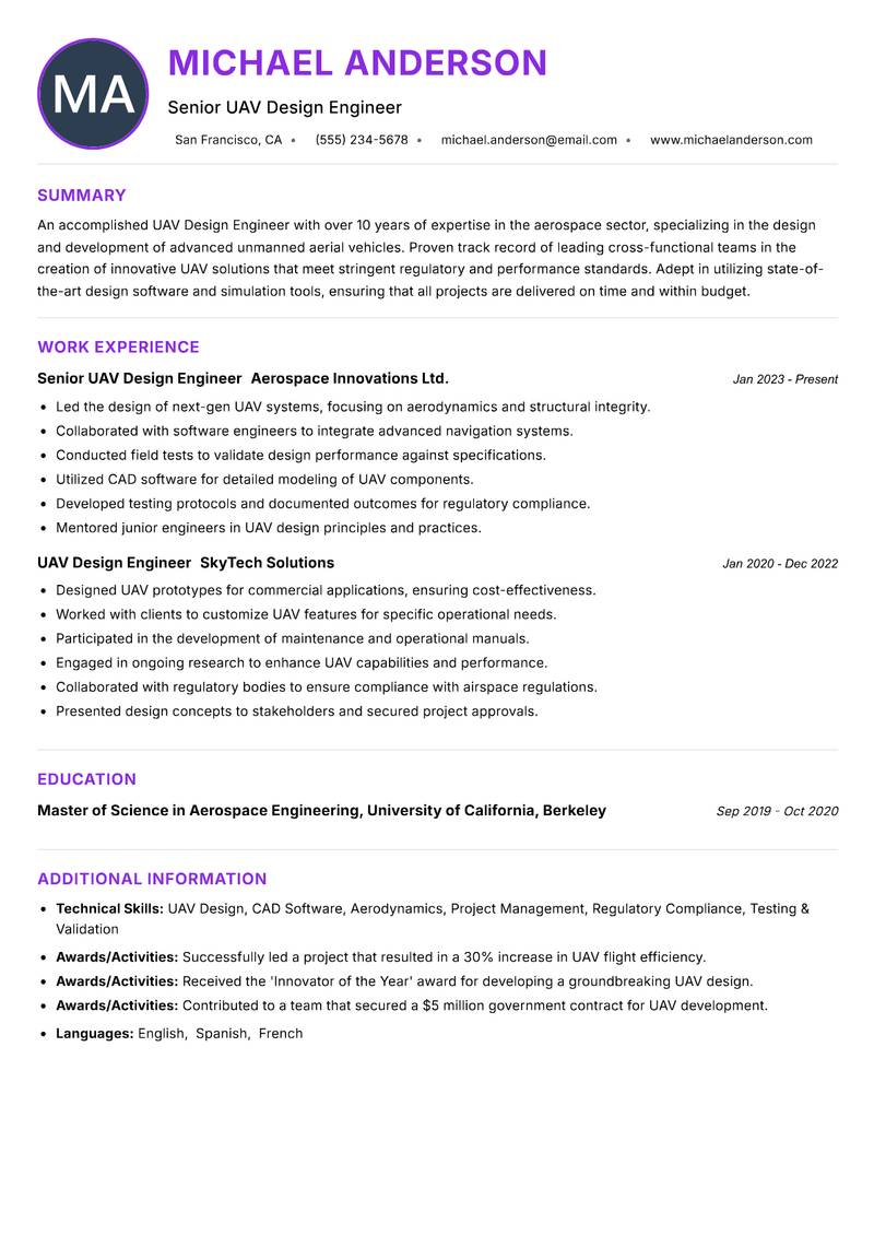 UAV Design Engineer resume example