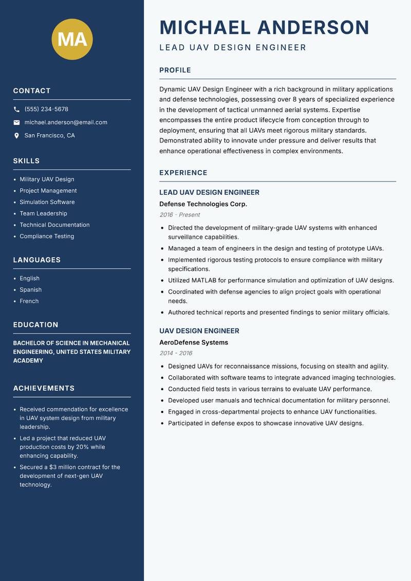 UAV Design Engineer resume sample — Lead UAV Design Engineer focus