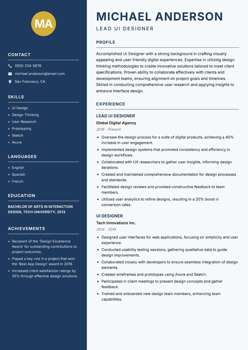 UI Designer resume sample — Lead UI Designer focus