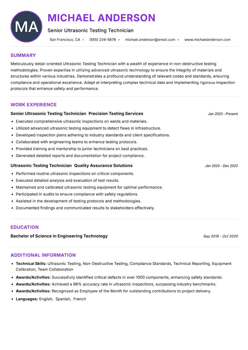 Ultrasonic Testing Technician resume example