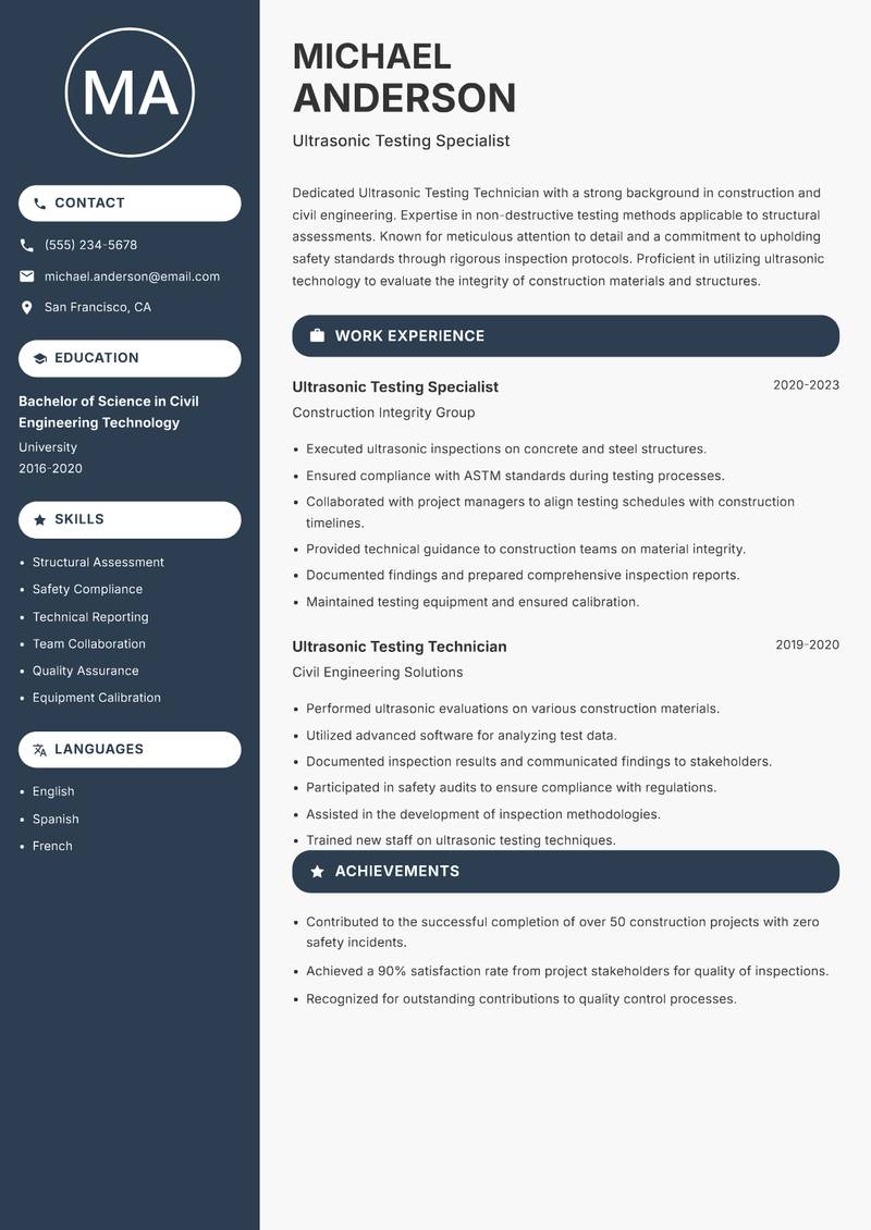 Ultrasonic Testing Technician resume sample — Ultrasonic Testing Specialist focus