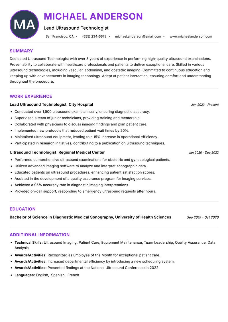 Ultrasound Technologist resume example