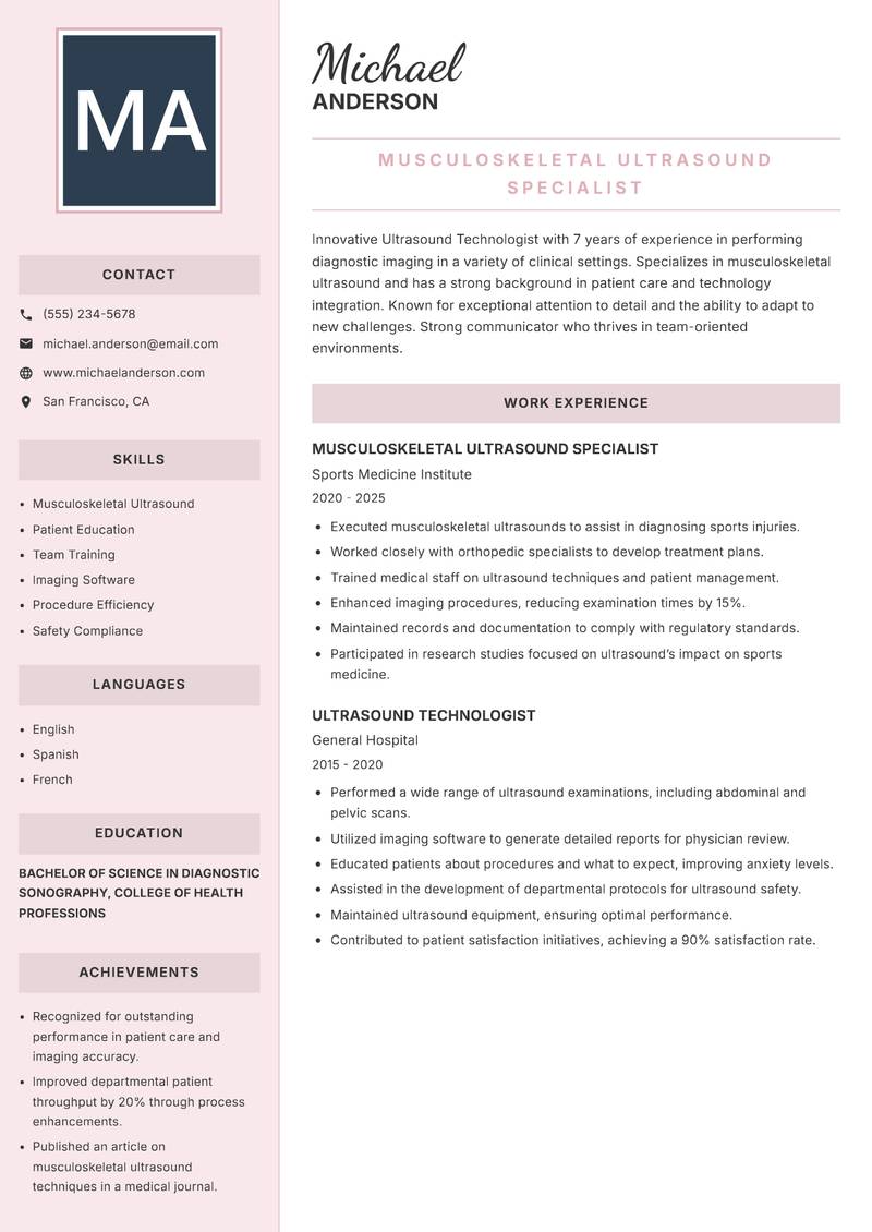 Ultrasound Technologist resume sample — Musculoskeletal Ultrasound Specialist focus