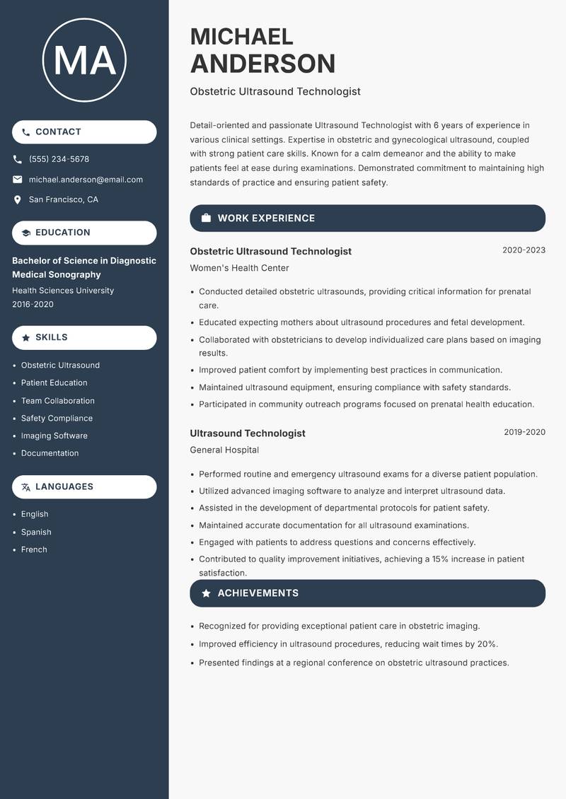 Ultrasound Technologist resume sample — Obstetric Ultrasound Technologist focus