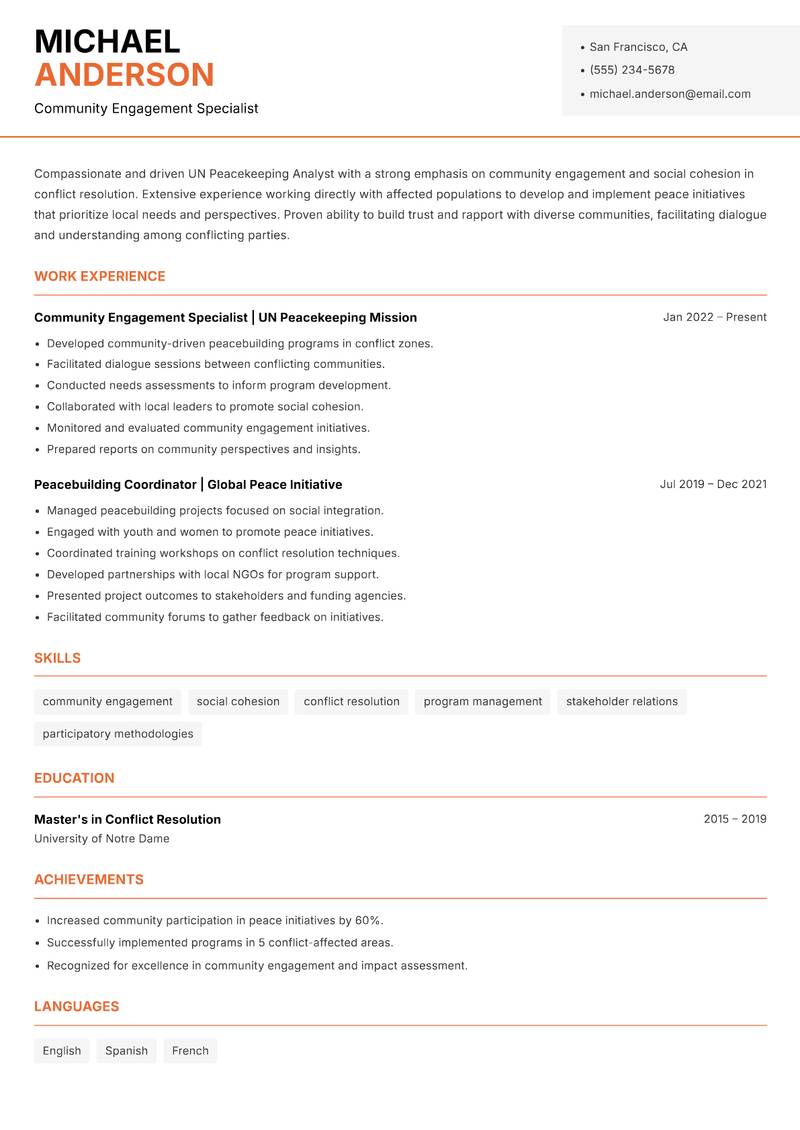 UN Peacekeeping Analyst resume sample — Community Engagement Specialist focus