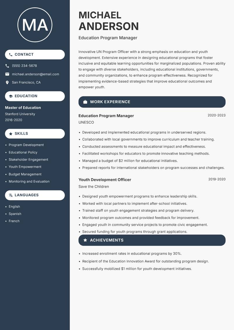 UN Program Officer resume sample — Education Program Manager focus