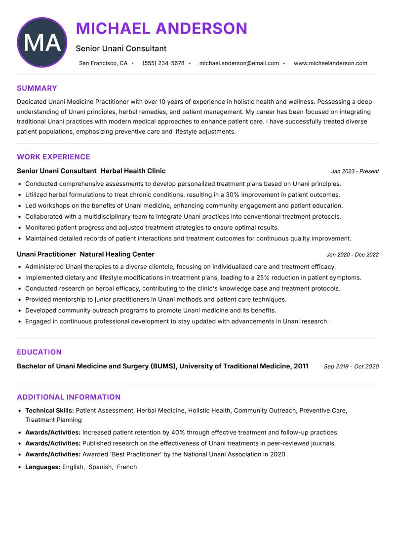 Unani Medicine Practitioner resume example