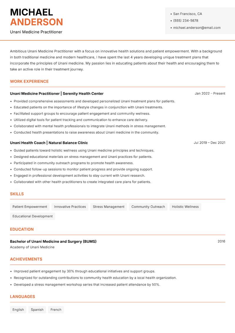 Unani Medicine Practitioner resume sample — Unani Medicine Practitioner focus