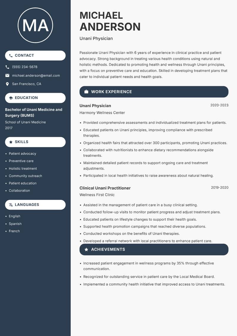 Unani Physician resume sample — Unani Physician focus