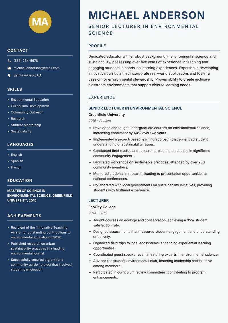 Undergraduate Lecturer resume sample — Senior Lecturer in Environmental Science focus