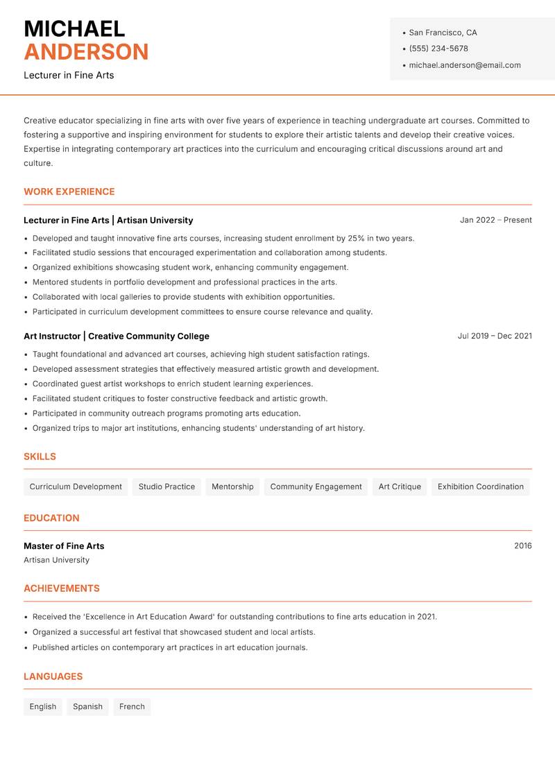 Undergraduate Lecturer resume sample — Lecturer in Fine Arts focus