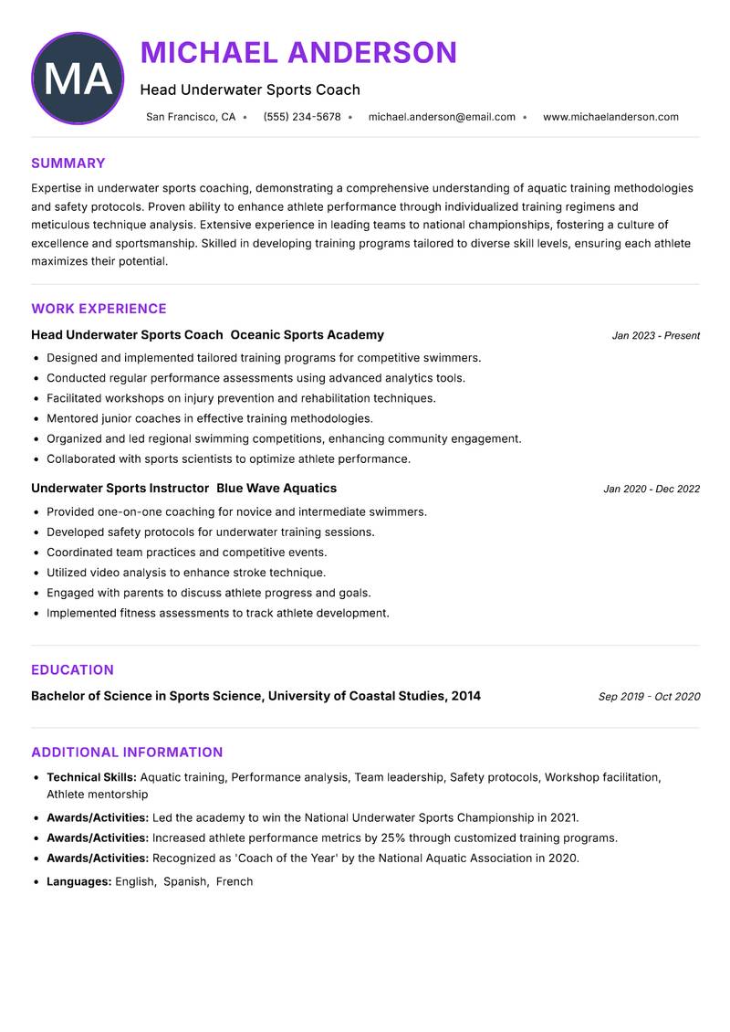 Underwater Sports Coach resume example