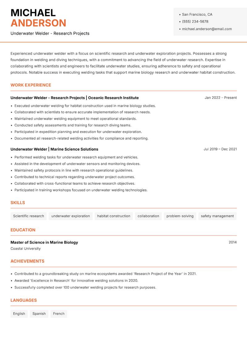 Underwater Welder resume sample — Underwater Welder - Research Projects focus
