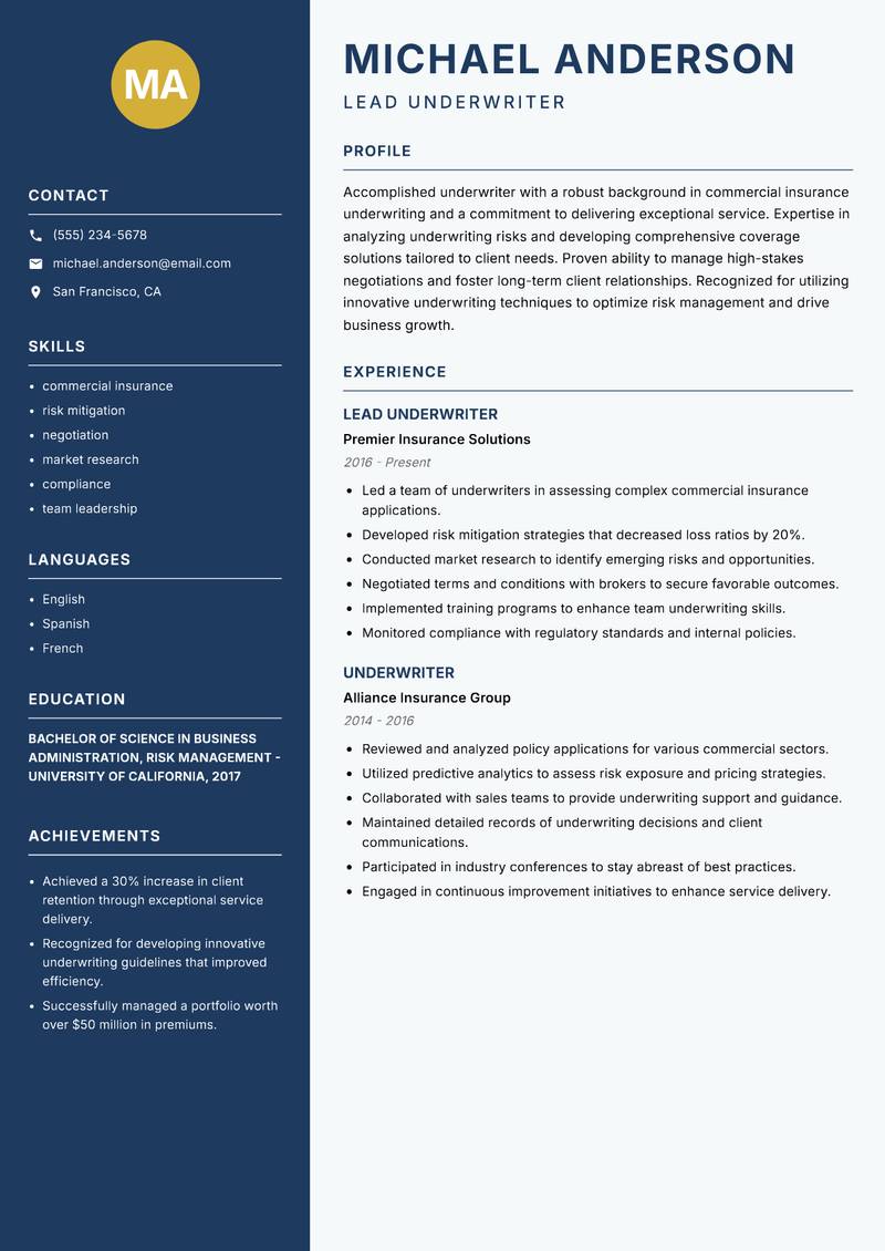 Underwriter resume sample — Lead Underwriter focus
