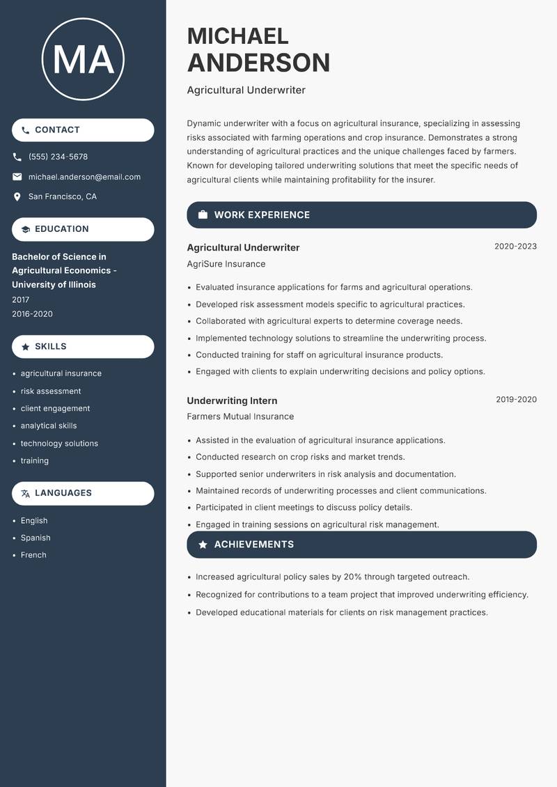 Underwriter resume sample — Agricultural Underwriter focus