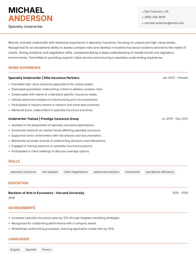 Underwriter resume sample — Specialty Underwriter focus