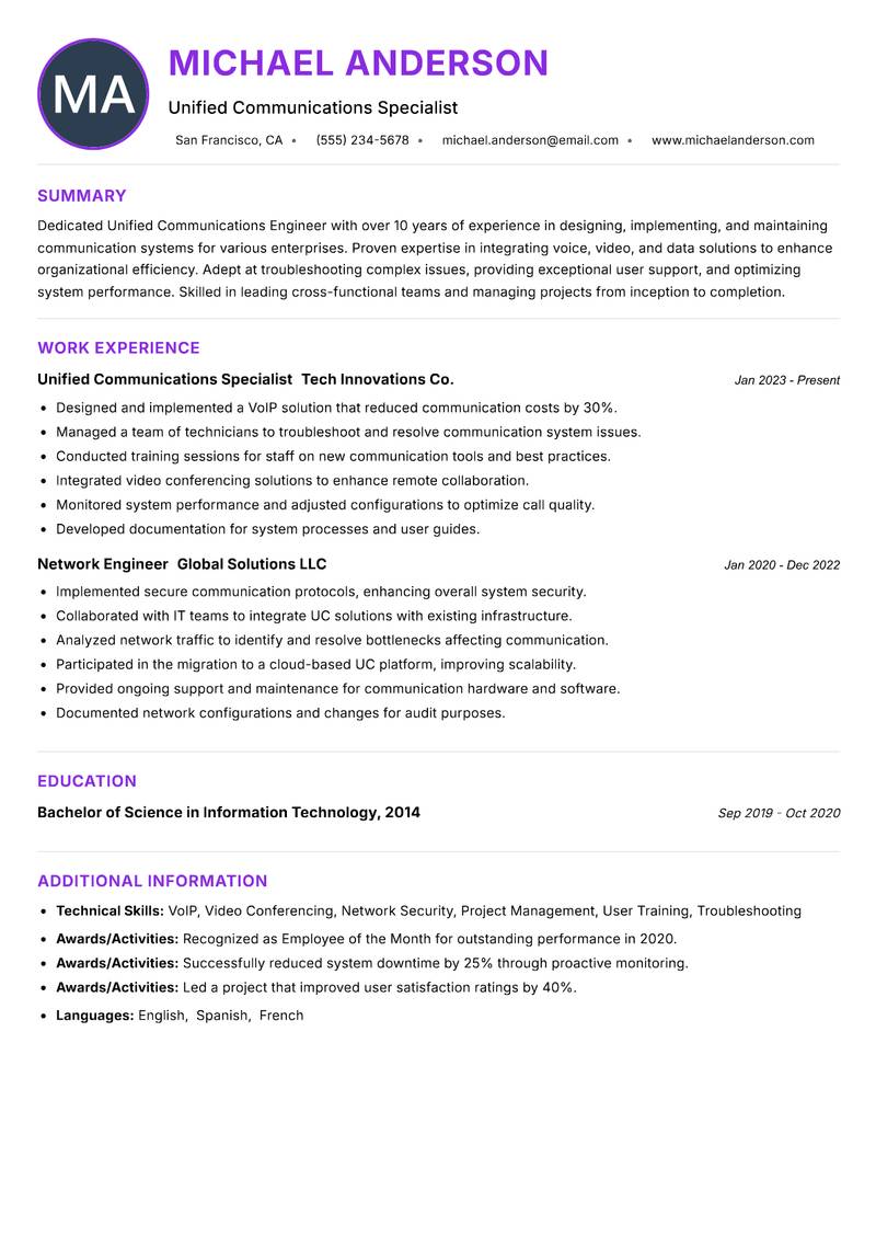 Unified Communications Engineer resume example