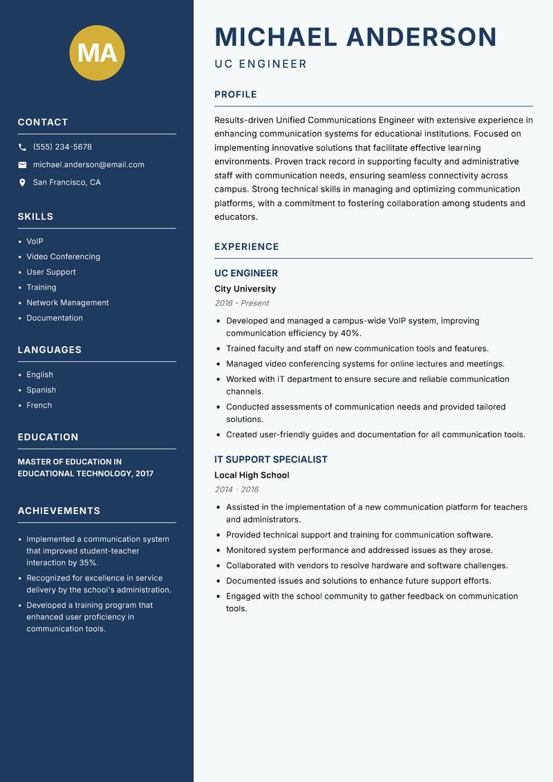 Unified Communications Engineer resume sample — UC Engineer focus