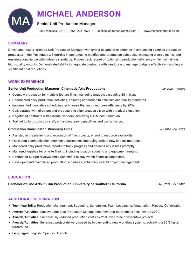Unit Production Manager resume example