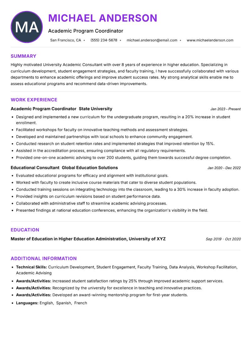 University Academic Consultant resume example